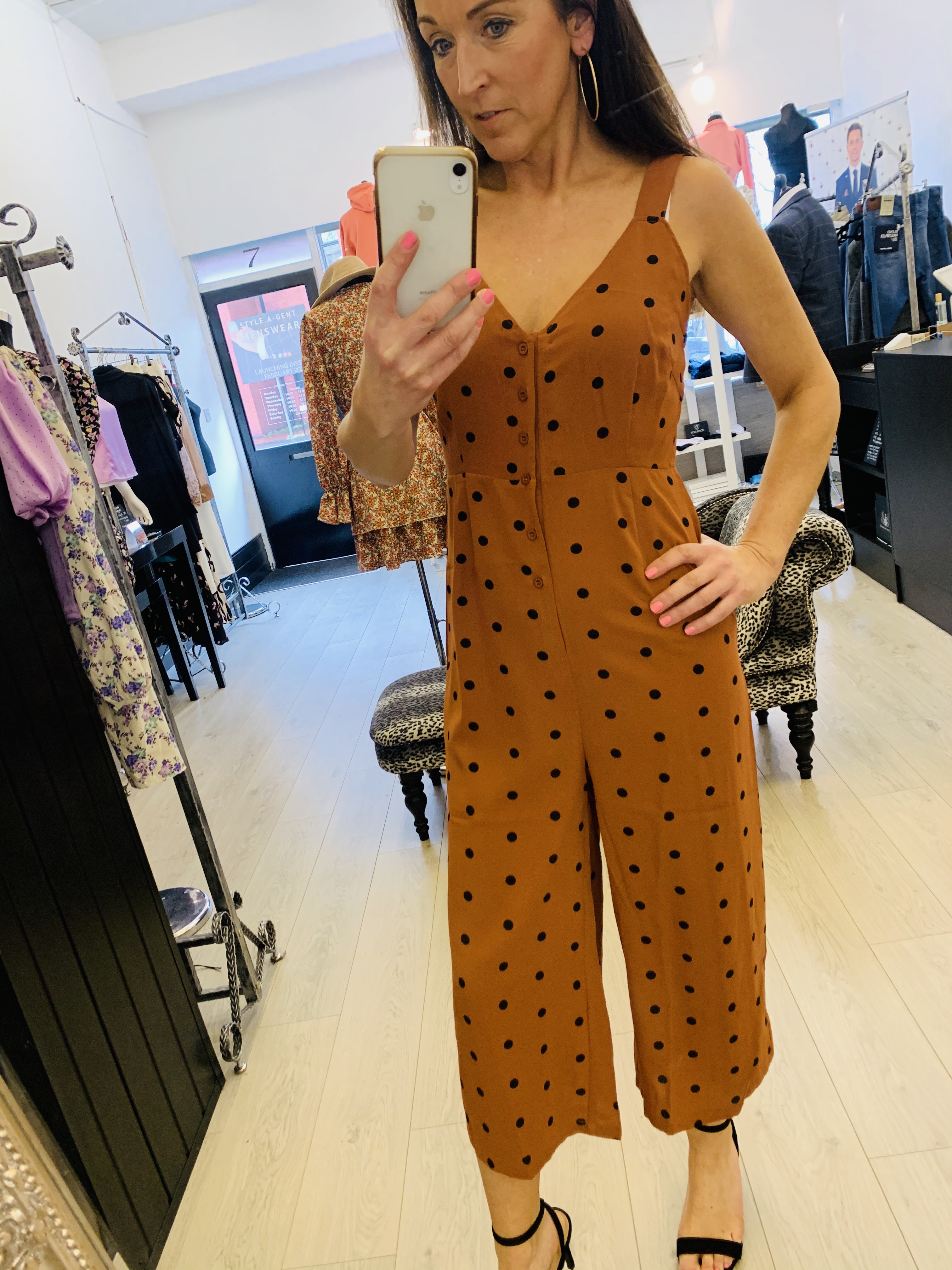 tan polka dot jumpsuit